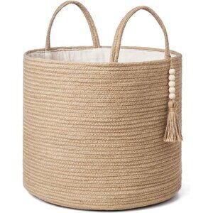 Mkono Woven Storage Basket Decorative Natural Rope Basket Wooden Bead